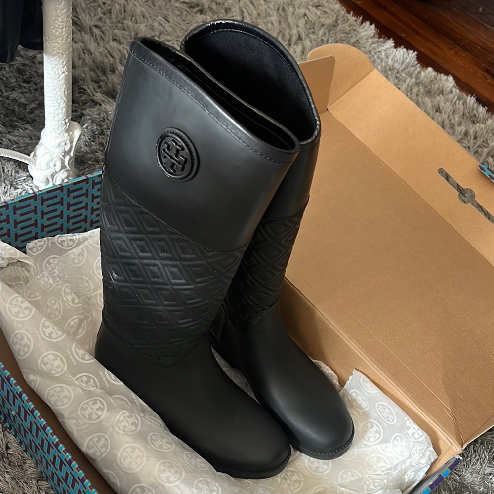 Black Quilted Tory Burch Rain Boots - Picture 2 of 7